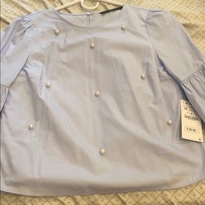 ZARA Bell sleeve blue top with pearls